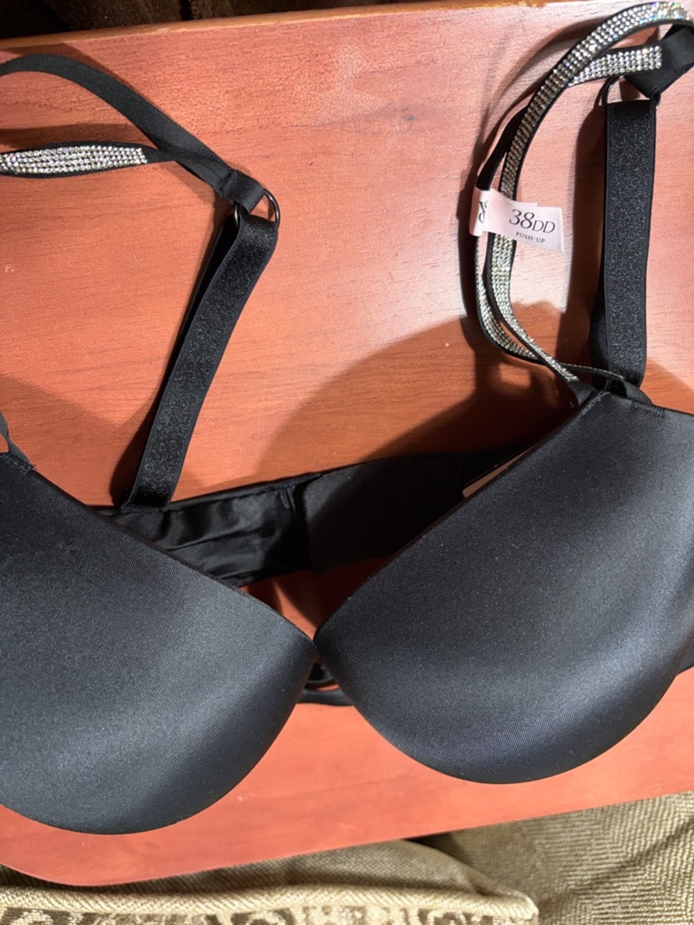 Victoria's Secret Black Push-Up Bra with Rhinestone-Trim Straps Size 38DD